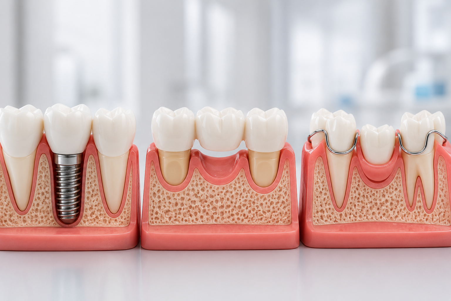 ente mancante confronto tra impianto dentale ponte dentale e protesi parziale