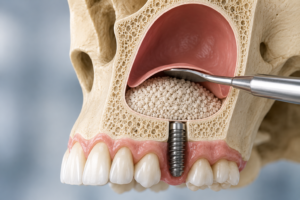 grande rialzo del seno mascellare con innesto di biomateriale per la rigenerazione ossea prima dell'inserimento di un impianto dentale